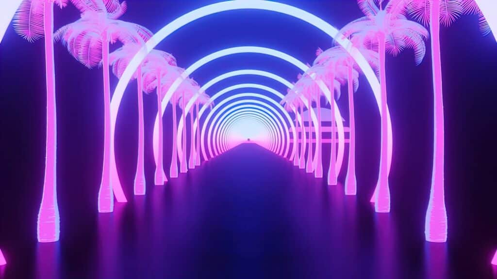 a tunnel with palm trees and neon lights