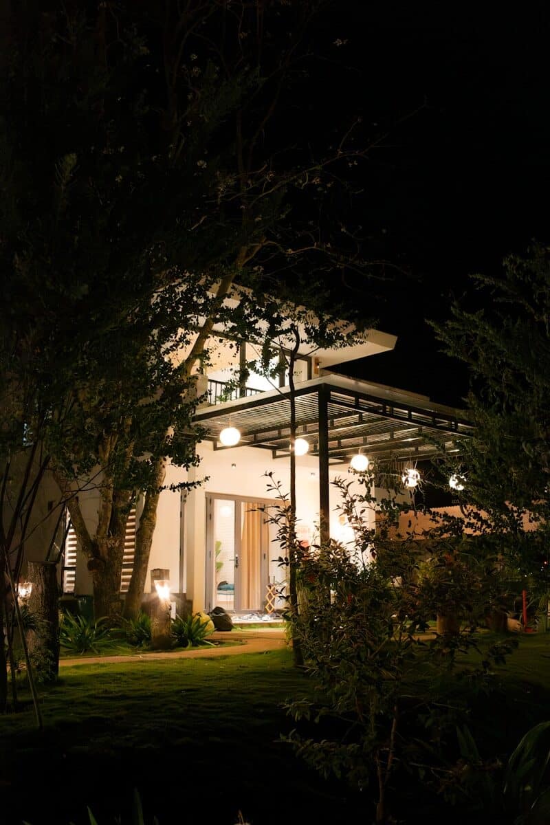 Modern house with outdoor lights at night