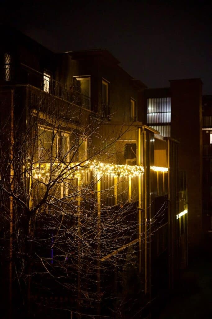 Building with christmas lights at night