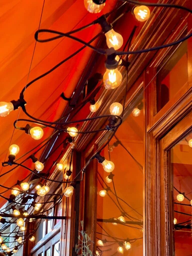 a bunch of lights that are hanging from a ceiling