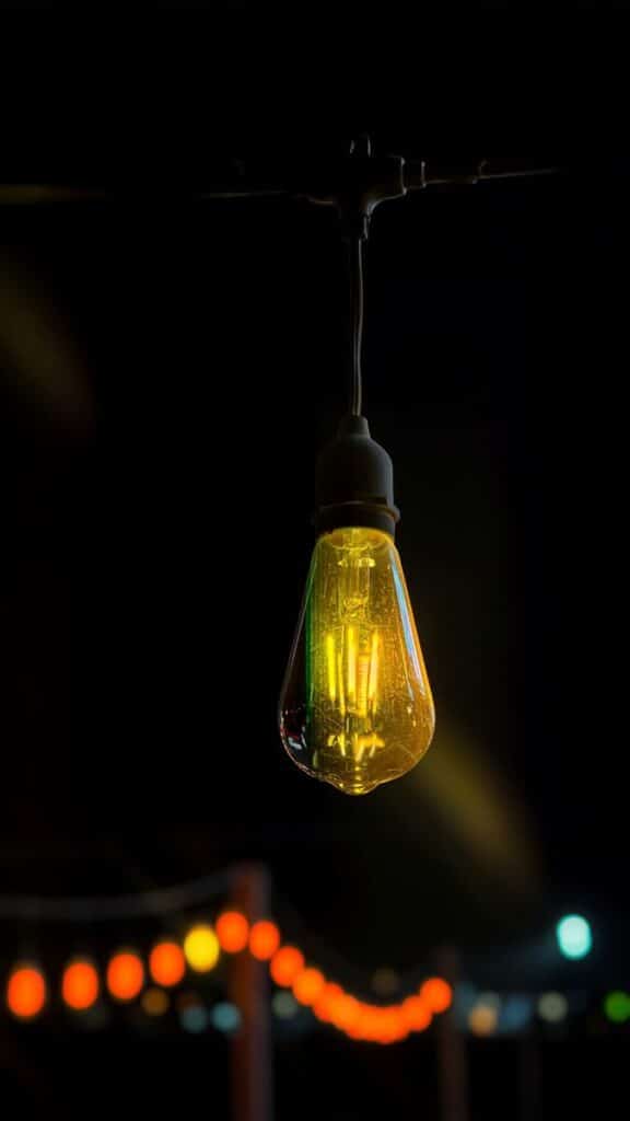 A glowing vintage bulb hanging outdoors with blurred festive lights in the background, creating a warm ambiance.